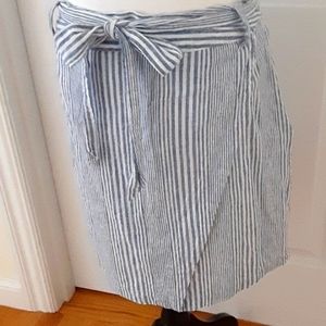 Seersucker Blue Striped Faux Wrap Skirt Linen Blend Size Large